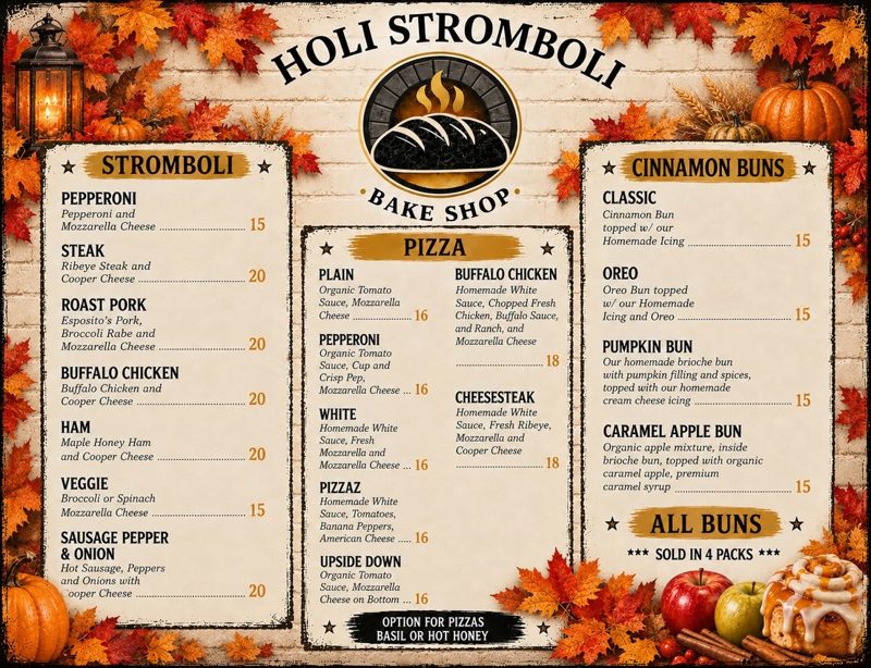 Holi Stromboli fall menu graphic listing strombolis, pizzas, and cinnamon buns including new Pumpkin Bun and Caramel Apple Bun