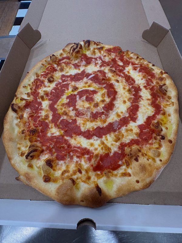 Cheese pizza with tomato sauce swirled on top