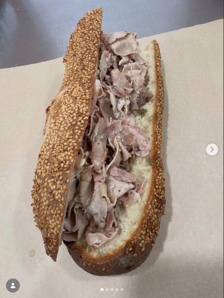 Roast pork sandwich on seeded bread