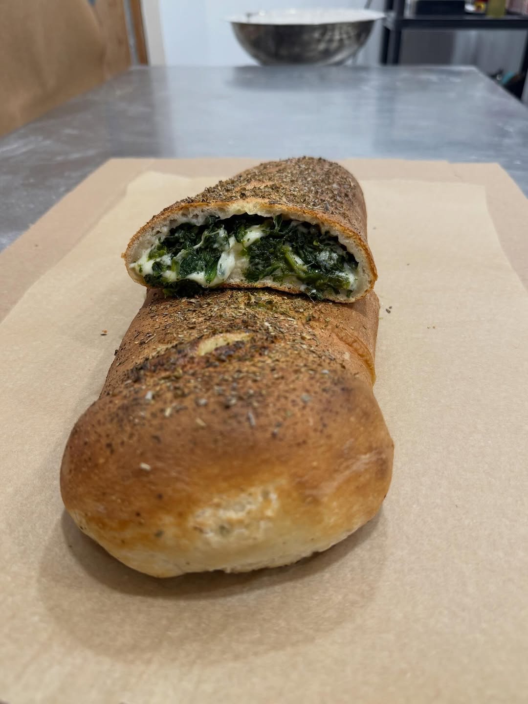 Spinach stromboli sliced open