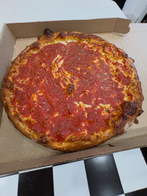 Whole plain red-sauce pizza in a takeout box for a favorite-pizza comment giveaway